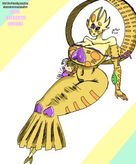 1boy 1girls age_difference big_breasts breasts busty deity female giorno_giovanna goddess gold_experience_requiem jojo's_bizarre_adventure male massive_breasts mature_female milf mother mother_and_child mother_and_son regal rule_63 smirk stand_(jjba) stando_powah voluptuous voluptuous_female what wholesome yellow_skin