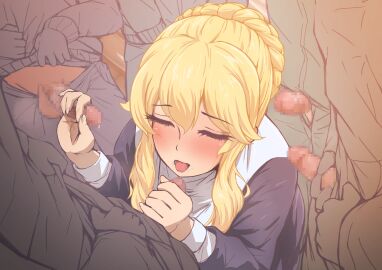 5boys absurdres balls blonde_hair blush braid censored clarice_(idolmaster) closed_eyes fellatio female highres idolmaster idolmaster_cinderella_girls male mosaic_censoring multiple_boys multiple_females multiple_girls multiple_males nun oral penis penis_grab saliva sidelocks small_penis small_penis_adoration surrounded_by_penises testicles tomawarinosuizou tongue tongue_out