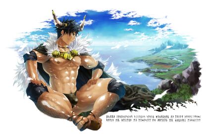 1boy abs bara beefy big_areola black_hair blue_eyes bulge bulge_through_clothing cape earrings elbow_pads feathers feet hand_on_leg hi_res horn icelandic knee_pads leg_hair male male_only morning muscles muscular muscular_arms muscular_legs muscular_male muscular_thighs necklace original original_character pecs runes runic_text sandles seaside shina_(mjaldrarland) short_hair sitting six_pack skimpy skimpy_clothes text thick_thighs toes viking yaoi