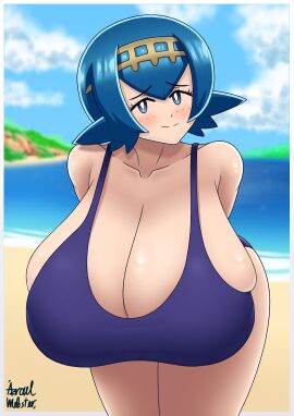 1girls 2d aged_up alternate_breast_size azraelwebster bent_over blue-haired_female blue_eyes blue_hair breasts cleavage female female_only freckles freckles_on_face gigantic_breasts huge_ass huge_breasts lana_(pokemon) leaning_forward looking_at_viewer nintendo one-piece_swimsuit pokemon pokemon_sm public public_exposure revealing_clothes sideass sideboob smile smiling_at_viewer solo swimsuit swimwear teasing twitter_link