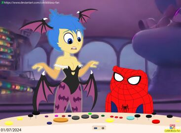 1boy 1girls 2024 anger_(inside_out) blue_eyes blue_hair breasts capcom conikiblasu-fan cosplay crossover crossover_cosplay darkstalkers demon demon_girl disney female head_wings inside_out inside_out_2 joy_(inside_out) leotard male marvel marvel_comics marvel_vs._capcom mask masked morrigan_aensland morrigan_aensland_(cosplay) peter_parker pixar short-haired_female short_hair spider-man spider-man_(cosplay) spider-man_(series) succubus succubus_costume superhero superhero_costume tagme vampire vampire_costume vampire_girl wings yellow_body yellow_skin