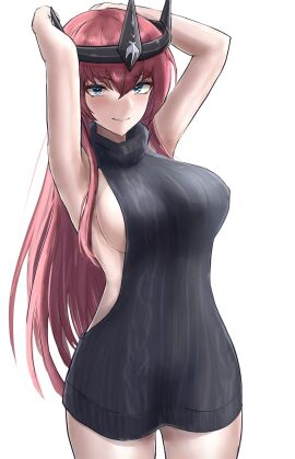 1girls armpits arms_up blush breasts color digital_media_(artwork) female galaxy_gals green_eyes headmistress_jeanne large_breasts light_skin long_hair mature_female nipple_bulge nyanko_daisensou red_hair sed_(d4vcmk) sideboob smile sweater_only teacher the_battle_cats thick_thighs thighs tiara tight_clothing virgin_killer_sweater