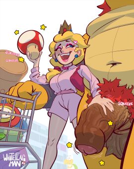 1boy 1girls 2024 5_fingers absurd_res anthro artist_name balls becoming_erect being_watched belly belt big_breasts big_penis blush bottomwear bowser bracelet breasts brown_penis casual_nudity clothed clothed/nude clothed_female_nude_male clothing crown duo_focus ear_piercing english_text exhibitionism eyelashes eyeshadow faceless_anthro faceless_character faceless_male female female_human fingers fire_flower flaccid foreskin fungus gem genitals glans gold_crown green_shell grey_balls grey_bracelet group hair hammer headgear heart_symbol hi_res human human_on_anthro humanoid_genitalia humanoid_penis interspecies jewelry koopa larger_anthro larger_male lips long_sleeves looking_aside looking_at_another makeup male male/female male_anthro mammal mario_(series) multicolored_shell mushroom navel necklace nintendo nude nude_anthro nude_male one_eye_closed partially_retracted_foreskin patreon pearl_(gem) pearl_necklace pecs penis penis_grab piercing pink_belt pink_bottomwear pink_clothing pink_eyeshadow pink_glans pink_jewelry pink_lips pink_necklace pink_purse pink_shirt pink_shorts pink_tongue pink_topwear princess_peach pubes public public_nudity purse red_hair red_pubes retracted_foreskin royalty scales scalie shelf shell shirt shopping_cart shorts size_difference slightly_chubby slightly_chubby_anthro slightly_chubby_male smaller_female smaller_human snout sound_effects spiked_balls spikes spikes_(anatomy) standing star_symbol store super_mario_bros. teeth text tongue tools topwear two-tone_shell uncircumcised vein veiny_penis white_shell white_text whiteflagman wide_eyed wink yellow_body yellow_scales