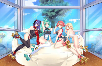 4girls absurdres alluring android blonde_hair breasts chest_jewel competition_swimsuit female highres large_breasts long_hair multiple_females multiple_girls mythra mythra_(radiant_beach)_(xenoblade) ocean okazakileo one-piece_bikini pneuma_(xenoblade) poppi_(xenoblade) poppi_qtpi_(xenoblade) pyra pyra_(pro_swimmer)_(xenoblade) red_eyes red_hair roller_skates short_hair skates swept_bangs swimsuit very_long_hair xenoblade_(series) xenoblade_chronicles_2 yellow_eyes