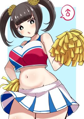 1boy absurdres aqua_background belly black_eyes blush breasts bright_pupils busty_male check_commentary commentary_request cowboy_shot crossdressing crossdressing_(mtf) gay green_eyes hair_ornament highres large_breasts lipstick long_hair makeup male male_with_breasts mars_symbol midriff miniskirt open_mouth original pleated_skirt plump pom_pom_(cheerleading) pom_pom_(clothes) pom_pom_hair_ornament simple_background sissy skirt strapless tube_top twintails vae white_pupils white_skirt