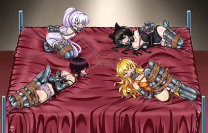 4girls angry angry_expression angry_face ankles_tied annoyed annoyed_expression arm_binder armbinder arms_behind_back arms_bound arms_bound_behind_back arms_tied arms_tied_behind_back bdsm bdsm_gear bdsm_harness bed belt belt_bondage belt_buckle binder_(restraint) black_hair blake_belladonna blonde blonde-haired_female blonde_female blonde_hair blue_eyes blush blushing bondage bondage_gear bondage_gloves bound bound_and_gagged bound_arms bound_hands bound_legs bound_torso bound_wrists captive captured captured_heroine cat_ears cat_girl catgirl caught chain_leash chained chained_collar chained_up chains choker collar collared cyan_eyes cyber_red_axis defeated defeated_heroine defiant defiant_sub faunus female female_only femsub frown frustrated gag gag_harness gagged gagged_female gold_eyes golden_eyes hair_ornament harness helpless helpless_female helpless_superheroine hi_res high_resolution highres hitachi_magic_wand hitachi_wand hog_tie hogtie hogtied kidnapped kidnapped_girl kneeling knees latex latex_legwear latex_stockings latex_thighhighs laying_down laying_on_back laying_on_bed leather leather_belt leather_cuffs leather_harness legs_bound legs_tied legs_tied_together legs_together lingerie long_hair lying lying_on_back lying_on_bed mask masked metal_collar multiple_females multiple_girls multiple_subs on_back on_bed on_knees panel panel_gag panties pink_eyes ponytail powerless purple_eyes pussy resisting restrained restrained_arms restrained_legs restrained_wrists restraints ruby_rose rwby sex_slave sex_toy sex_toy_in_pussy shackled shackled_wrists shackles short_hair silver_eyes slave slave_collar slave_girl sleepwear steel_bondage struggling submissive submissive_female tagme tape tape_bondage team_rwby thigh_highs thighhighs tied tied_and_gagged tied_ankles tied_arms tied_hands tied_legs tied_up trembling underwear vibrator vibrator_in_pussy weiss_schnee white_eyes white_hair worried worried_expression wrists_bound wrists_tied yang_xiao_long yellow_eyes