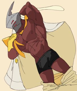 armor boxers_(clothing) clothing headgear helmet hi_res izanagi-no-okami necktie nmcrimen red_body seductive underwear undressing