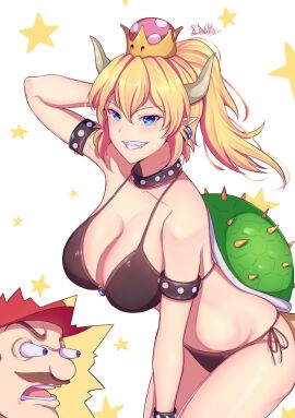band-width bare_shoulders bikini blonde_hair blue_eyes bowsette breasts curvy female hips large_breasts looking_at_viewer mario mario_(series) new_super_mario_bros._u_deluxe sharp_teeth smile smiling_at_viewer super_mario_bros.