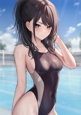1girls belly_button bikini black-haired_female black_bikini black_hair black_one-piece_swimsuit black_swimsuit black_swimwear blue_sky blurred_background blurry_background blush blush_face blushed_face blushing_at_viewer blushing_face blushing_female breasts clouds collarbone dot_nose dripping_wet elbows embarrassed_exposed_female embarrassed_expression embarrassed_female female female_only high_resolution highres idolmaster idolmaster_shiny_colors kazano_hiori lean_figure light-skinned_female light_skin long_hair looking_at_viewer marinesnow medium_breasts mole mole_under_mouth narrow_waist navel one-piece_swimsuit outdoors outside ponytail pool poolside purple-eyed_female purple_eyes shoulders sideboob sidelocks sky slender_body slender_waist slim_female slim_waist soaked solo standing swimsuit swimwear thin_waist upper_body v-line wet wet_belly wet_bikini wet_body wet_breasts wet_face wet_hair wet_legs wet_skin wet_thighs wide_hips