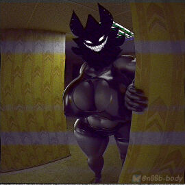 2025 3d anthro armwear backrooms_creature big_breasts black_body black_fur bottomwear breasts cleavage clothed clothing digital_media_(artwork) ear_piercing empty_eyes exposed_breasts female fishnet_clothing fur hi_res horror_(theme) humanoid karelia_(acerattman) latex latex_clothing looking_at_viewer looming n00b-body nails obscured_face piercing shirt shorts slightly_chubby smile smiler_(the_backrooms) smiley_face solo standing teasing the_backrooms thick_thighs tongue topwear vhs_filter white_eyes white_tongue wide_hips