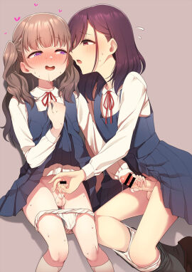 2boys bar_censor blush brown_background brown_hair censored clothes_lift commentary_request dress dress_lift drooling erection femboy flying_sweatdrops half-closed_eyes handjob heart highres hokuro_ryuuseigun lifting_own_clothes long_sleeves male male_focus male_only multiple_boys multiple_males mutual_handjob mutual_masturbation neck_ribbon original otoko_no_ko paid_reward_available panties panty_pull penis penis_size_difference pinafore_dress pink_eyes precum red_ribbon ribbon saliva school_uniform shirt simple_background sleeveless sleeveless_dress small_penis sweatdrop textless_version underwear variant_set white_panties white_shirt yaoi