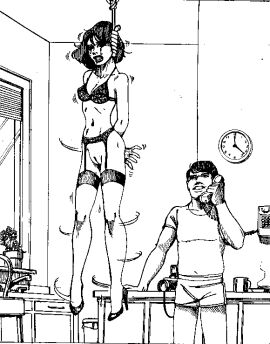 2d 2d_(artwork) asphyxiation bra crying dolcett dolcett_(artist) drawing execution female hands_behind_back hanged high_heels imminent_death lingerie male noose shaking_lines struggling tears telephone thighhighs