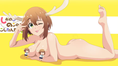 1girls 2024 :3p big_breasts breasts brown_hair censored covered_nipples covering deer_girl female hi_res indigopencil leg_up light-skinned_female light_skin lying lying_on_stomach my_deer_friend_nokotan naked naked_female nude nude_female posing shikanoko_noko shikanoko_nokonoko_koshitantan solo