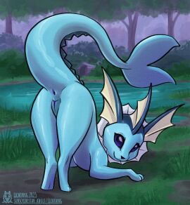 2025 2d animal_genitalia anus ass blue_anus blue_body blue_tail digitigrade eeveelution female feral full_color generation_1_pokemon grass hi_res lichfang nintendo no_penetration plant pokemon pokemon_(species) presenting quadruped raised_tail solo solo_female tail text url vaporeon