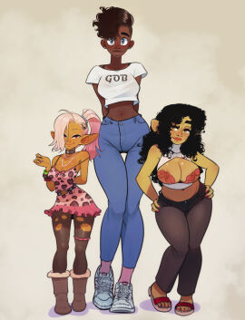 3girls areola_slip big_breasts big_ears black_hair blonde_hair blue_eyes breasts brown_hair clothed clothing dark-skinned_female dark_skin erika_(orcbarbies) female female_only goblin goblin_female green_skin height_difference hi_res human looking_at_viewer narrowed_eyes orcbarbies original original_character original_characters pantyhose ponytail red_eyes shortstack smiling smiling_at_viewer thick_eyebrows trio yellow_eyes