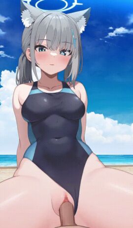 1boy 1girls abydos_high_school_student animal_ear_fluff animal_ears animated blue_archive blue_eyes blue_sky blush breasts censored clothed_female_nude_male covered_navel day female foreclosure_task_force_(blue_archive) gif grey_hair halo looking_at_viewer male mosaic_censoring one-piece_swimsuit outdoors penis penis_in_pussy pov pov_eye_contact pussy sakamotono sex shiroko_(blue_archive) shiroko_(swimsuit)_(blue_archive) sitting straddling straight swimsuit swimsuit_aside teenage_female teenager thighs vaginal_penetration wolf_ears young