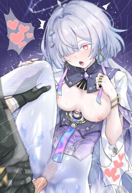 1boy absurdres alternate_breast_size_(larger) black_gloves blush breasts breasts_apart breasts_out clitoris colored_eyelashes commentary_request cum daram_(shappydude) dress earrings female female_ejaculation gloves grey_hair hair_intakes hair_ornament hair_over_one_eye hand_up hands_up heart highres internal_cumshot jacket jewelry korean_commentary large_variant_set leg_lift long_hair male_rover_(wuthering_waves) medium_breasts mornye_(wuthering_waves) multiple_rings nipples open_mouth penis purple_dress pussy red_eyes ring rover_(wuthering_waves) see-through_body sex solo_focus straight thighs trembling triangle_earrings uncensored vaginal_penetration variant_set white_jacket wuthering_waves