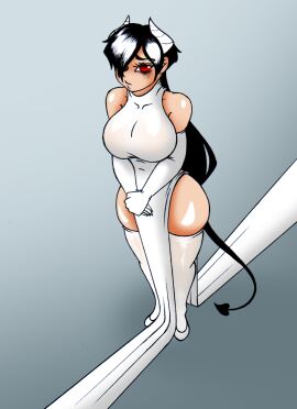 arima_(gelrjo) black_hair cat_eyes evening_dress freckles freckles_on_cheeks freckles_on_face galejro gown ponytail red_eyes sad sad_expression standing standing_straight succubus succubus_horns succubus_tail tired_eyes tired_look vertical_splits white_clothing white_dress