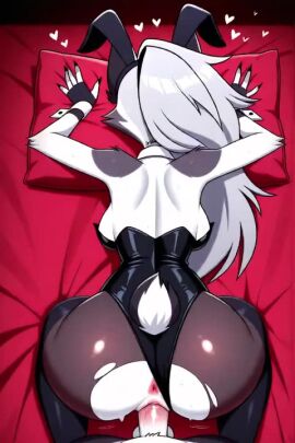 1boy 1girls ai_generated all_fours animal_ears ass back backboob bare_shoulders breasts clothing_aside detached_collar doggy_style facing_away fake_animal_ears fake_tail female female_focus from_behind heart helluva_boss highleg_leotard large_breasts leotard leotard_aside loona_(helluva_boss) male pantyhose penis pillow playboy_bunny pov pussy rabbit_ears rabbit_tail sex sex_from_behind sheet_grab solo_focus straight strapless strapless_leotard sweat tagme tail torn_clothes torn_pantyhose vaginal_penetration video wolf wolf_ears wolf_girl wolf_humanoid wolf_tail wrist_cuffs
