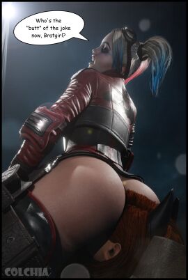 2girls 3d ass barbara_gordon batgirl batgirl_(gotham_knights) batman_(series) big_ass colchia dc dc_comics dialogue facesitting female femdom femsub gotham_knights harley_quinn harley_quinn_(injustice) injustice_2 lezdom text