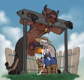 2boys abs accessory anthro balls bodily_fluids boots bucket clothed clothed/nude clothed_male_nude_male clothing cock_ring collar container cowbell cum dragon drooling duo ear_piercing ear_ring ejaculation fence footwear furniture gay genital_fluids genitals glhiro grass handjob hat headgear headwear hi_res horn horn_jewelry horn_ring human jewelry male male/male male_only mammal mythological_creature mythological_scalie mythology nipple_piercing nipple_ring nipples nude open_mouth overalls penile penis penis_accessory penis_jewelry penis_milking piercing plant red_eyes restraints ring ring_(jewelry) ring_piercing saliva scalie sex spread_legs spreading stocks stool straw_hat tattoo tongue tongue_out unusual_anatomy unusual_genitalia unusual_penis warcraft world_of_warcraft wrathion