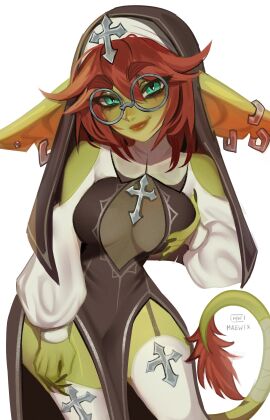1girls absurd_res big_ears breasts earrings female female_only garter_straps glasses goblin goblin_female gobtober gobtober_2024 grabbing_own_breast green_eyes green_skin looking_at_viewer maewix1 nun nun_hat nun_outfit pointy_ears red_hair round_glasses sharp_fingernails slit_pupils smiling smiling_at_viewer solo tail tail_tuft thighhighs white_background white_thighhighs