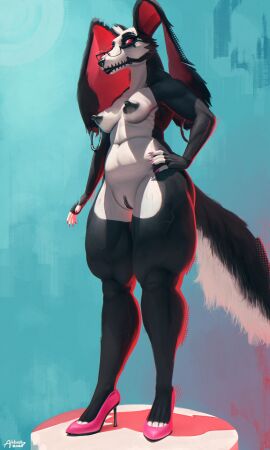 absurd_res akkusky anthro areola biceps borzoi breasts canid canid_demon canine canis clitoral_hood clothing demon digital_media_(artwork) domestic_dog ear_piercing ear_ring eyebrow_piercing eyebrow_ring eyewear facial_piercing feet female fingers footwear fur genitals glasses hellhound hi_res high_heels hunting_dog long_nipples mammal mature_anthro mature_female muscular muscular_anthro muscular_female mythological_canine mythological_creature mythology nipples nude piercing red_sclera ring_piercing shoes sighthound simple_background solo standing tail thick_thighs toes vulva wearing_glasses wide_hips