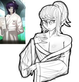 1girls acubedpersonoid blush breasts cleavage eyebrows_visible_through_hair eyewear female female_only glasses large_breasts limbus_company looking_at_viewer monochrome off_shoulder open_mouth ponytail project_moon reference_image robe solo tied_hair unnamed_h_corp_researcher_(limbus_company)