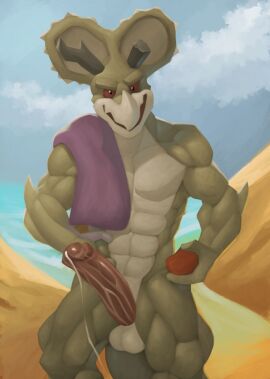 abs anthro balls bodily_fluids broken_horn ceratopsian cloud cum cum_string dinosaur genital_fluids genitals hi_res horn humanoid_genitalia humanoid_penis kittikary looking_at_viewer male male_only muscular muscular_male nude ornithischian pecs penis pentaceratops prehistoric_species red_eyes reptile rexodus_(comic) scalie solo spikes tork_(rexodus) towel