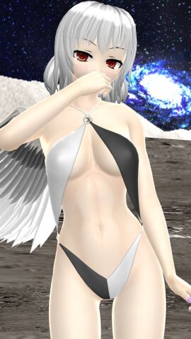 1girls 2023 3d bare_shoulders belly_button black_and_white_swimsuit breasts clavicle cleavage cosmic_background feathered_wing female galaxy hand_on_mouth hati_yukkuri_mmd hips jpeg light-skinned_female light_skin looking_at_viewer missing_wing mmd moon one_arm_up outdoors red_eyes sagume_kishin short-haired_female small_breasts solo_female solo_focus space spirit stars swimsuit touhou waist white-haired_female