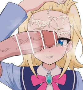 bar_censor blonde_hair blue_eyes blue_sailor_collar blush censored clenched_teeth collared_shirt cum erection facial female forehead highres himitsu_no_aipri hoshikawa_mitsuki long_sleeves looking_at_penis male medium_hair neck_ribbon penis penis_on_face penis_over_one_eye pink_ribbon pretty_series ribbon sailor_collar shino_(yaruki_nai_yatsu) shirt simple_background smegma solo_focus steam straight sweatdrop syn_sophia takara_tomy tears teeth upper_body white_background white_shirt