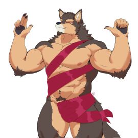 1:1 2024 anthro biped brown_body brown_fur brown_pubes canid canine canis colored domestic_dog fur genitals gimpalchil hi_res lifewonders live_a_hero male mammal multicolored_body multicolored_fur muscular muscular_anthro muscular_male muscular_thighs penis penis_base pubes pubraseer signature solo tan_body tan_fur two-tone_body two-tone_fur wraps_only