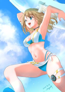 1girls bikini blue_eyes blue_pupils blush breast_tattoo breasts choker eunie_(xenoblade) female head_wings highres medium_breasts nayuta-kanata nintendo smile solo swimsuit tattoo tomboyish white_wings wings wings_on_head xenoblade_(series) xenoblade_chronicles_3