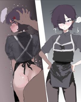 1boy 1girls angry apron arms_akimbo artist_request ass female hand_on_another's_head lady_annalie male my_dystopian_robot_girlfriend no_pants pants purple_hair question_mark sex short_hair tongue_out