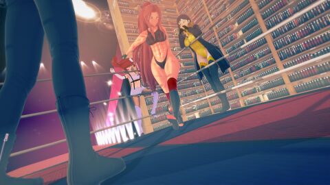 1boy 3girls binah black_hair black_silence_(library_of_ruina) blonde_hair female fight fighting_ring gebura_(lobotomy_corporation) gloves jacoblewdfries koikatsu library library_of_ruina long_hair male muscular muscular_female project_moon red_hair roland roland_(library_of_ruina) sports_bra stockings throwing_clothing tiphereth_(lobotomy_corporation) trenchcoat wrestler wrestling wrestling_boots wrestling_outfit wrestling_ring