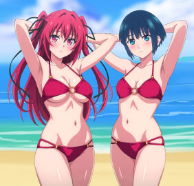 2girls arm_behind_head bare_legs bare_shoulders beach blue_eyes blue_hair botan_nagatsuki breasts cleavage collarbone female large_breasts long_hair looking_at_viewer medium_breasts mononogatari naruse_mio red_bikini red_eyes red_hair ribbons short_hair standing string_bikini