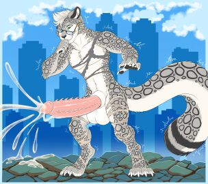 1boy absurd_res accidental_destruction anthro bodily_fluids building clouds cum destruction eirlys_copa eyewear felid feline feline_genitals feline_penis furry furrypur genital_fluids genitals glasses green_eyes growth hi_res macro macro_male male male_only mammal markings_(fur) pantherine paws penile_spines penis sky snow_leopard