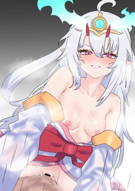 1boy bar_censor blush breasts censored cowgirl_position dragon_girl duel_monster dutch_angle female flaming_horns grin highres japanese_clothes kimono kurikara_divincarnate looking_at_viewer male nipples oldsickkim pointy_ears pov pussy red_eyes sex small_breasts smile solo_focus straddling white_hair yu-gi-oh!
