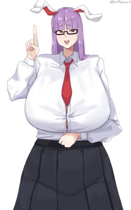 1girls artist_name big_breasts breasts breasts_bigger_than_head bunny_ears bunny_girl clothed_female female glasses hand_up huge_breasts jacket light-skinned_female light_skin long_hair meme nerd nerd_emoji nerdy_female omikami open_mouth purple_hair red_eyes reisen_udongein_inaba skirt solo solo_female teeth touhou watermark white_background