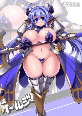 areola_slip axe bikini_armor blush breasts cameltoe curvy dot_mouth female full_body great_axe holding_weapon huge_breasts large_breasts maebari plump pussy ragnarok_online rakuma_kanori royal_guard_(ragnarok_online) stockings thick_thighs useless_armor voluptuous wide_hips