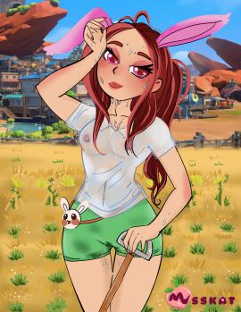 1girls blush breasts builder bunny_ears cameltoe desert female my_time_at_sandrock nipples original_artwork original_character pussy red_hair see-through_clothing solo sweating sweaty wet_clothes wet_t-shirt white_t-shirt working