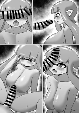 1boy 1girls big_breasts big_penis boobs breasts censored female inkling inkling_girl kaori_(splatoon) male nobunagapero penis penis_awe peronattu shocked shocked_expression splatoon splatoon_(series) thick_thighs thighs