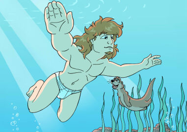 1boy admiring briefs briefs_only bulge human long-haired_male long_hair male male_only muscular muscular_male navel oogling otter smooth_skin smooth_skinned_male speedo speedo_only sprucehammer swimming tighty_whities underwater underwear white_briefs white_speedo
