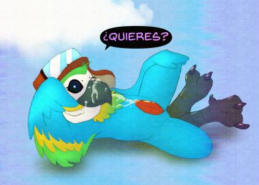 animal avian aviator_cap aviator_glasses beak bird black_sclera blue_body bodily_fluids claws clothing cloud cum cum_on_beak cum_on_body detailed_background eyewear feathers ftm_crossgender genderswap genderswap_(ftm) genital_fluids genitals glasses hand_on_knee hand_on_leg headgear headwear hi_res humanoid indigo_park inviting_viewer kiroc looking_at_viewer macaw male mollie_macaw mostly_nude multicolored_body multicolored_feathers neotropical_parrot one_eye_closed parrot penis presenting presenting_penis pupils rule_63 scarf solo speech_bubble tapering_penis toe_claws true_parrot white_pupils winged_arms wings wink winking_at_viewer