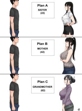 1boy 3girls age_difference arms_crossed black_eyes black_hair black_shirt black_skirt breasts denim earrings english_text fair-skinned_female fair_skin female hair_bun high_collar highres jeans jewelry large_breasts light-skinned_female light-skinned_male light_skin long_hair long_sleeves looking_ahead looking_at_another looking_away makeup male mature_female milf multiple_females multiple_girls nate_(xter) naye_(xter) nont_(xter) nush_(xter) older_female original original_character pants ponytail skirt smile standing white_background white_shirt xtermination younger_male