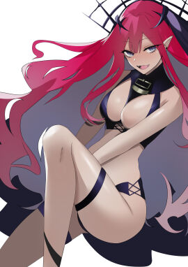 baobhan_sith_(fate) baobhan_sith_(second_ascension)_(fate) bare_shoulders black_horn black_horns blush breasts detached_sleeves earrings fangs fate/grand_order fate_(series) female grey_eyes horn horns jewelry knee_up kneepits long_hair looking_at_viewer medium_breasts musicatopos navel open_mouth open_mouth_smile parted_lips pink_hair pointy_ears red-haired_female red_hair revealing_clothes sidelocks sitting smile smiley_face smiling smiling_at_viewer solo thighs tongue upper_teeth veil
