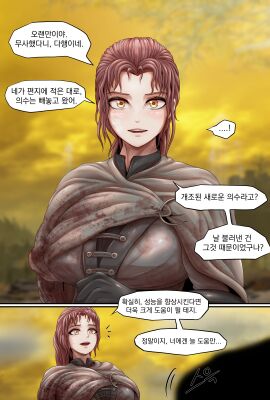 1boy 1girls blush cum_on_face elden_ring female fromsoftware handjob korean_commentary korean_text male millicent_(elden_ring) powpill red_hair tarnished translation_request