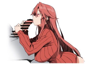 1boy aty_(summon_night) bar_censor batta_16-sei border breasts censored empty_eyes erection fellatio female from_side hair_behind_ear half-closed_eyes handjob highres large_breasts licking licking_penis long_hair long_sidelocks long_sleeves male narrowed_eyes no_pupils open_mouth oral out_of_frame penis profile raised_eyebrows red_hair red_sweater ribbed_sweater sidelocks simple_background summon_night sweater tongue tongue_out turtleneck two-handed_handjob upper_body white_background white_border