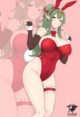 1girls alternate_costume animal_ears artist_name bare_shoulders bow bowtie breasts bunny_ears bunny_girl bunnysuit cleavage closed_mouth commentary detached_collar elbow_gloves english_commentary fake_animal_ears fake_tail female female_only fire_emblem fire_emblem_awakening gloves green_eyes green_hair highleg highleg_leotard highres huge_breasts kaos_art leotard long_hair looking_at_viewer nintendo playboy_bunny pointy_ears ponytail rabbit_ears rabbit_tail red_bow red_bowtie red_leotard sidelocks simple_background smile solo strapless strapless_leotard tail thighs tiki_(fire_emblem) tiki_(fire_emblem)_(adult) wrist_cuffs