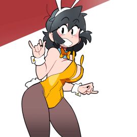 animated black_hair black_leggings black_legwear bouncing_breasts bowtie breasts bunny_ears bunnysuit cuffs_(clothing) fake_animal_ears fake_rabbit_ears fake_tail female female_only leggings lucia_(scott_malin) smile smiling tagme